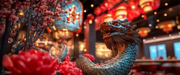 Fototapeta premium A vibrant indoor setting featuring a dragon statue surrounded by red lanterns and cherry blossoms during a festive celebration. Wide web banner.