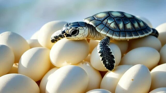 Baby sea turtle emerging eggs on beach