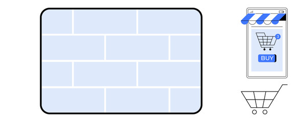 Light blue tiled background in a rectangular frame. Shopping cart icon, mobile storefront with awning, and a buy button. Ideal for online shopping, e-commerce, digital marketing, user interface