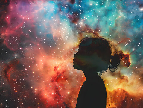 The surreal imagination of a human mind explores the cosmos, where nebulae and galaxies dance in the eternity of space