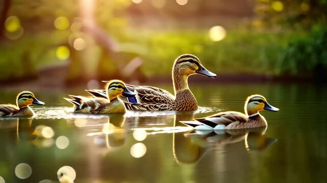 Cute animal interactions, a family of ducks swimming together in a pond.