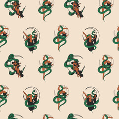 Seamless pattern with women with a snake wrapped around her body. Moon. Cute ladies. Retro style.