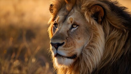 Obraz premium Serene Lion Gaze in the African Plains During Sunset, Capturing Raw Strength and Beauty