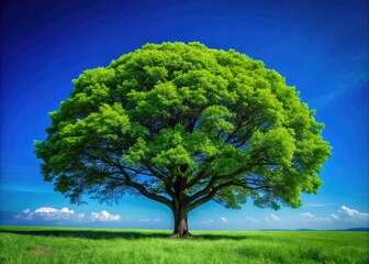 Fototapeta premium Lush Green Tree Under Clear Blue Sky, Symbolizing Nature's Beauty and Environmental Vitality