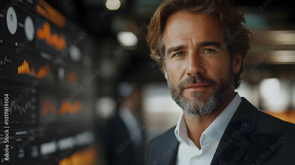 Poster a confident man in a business setting with data visuals behind him.