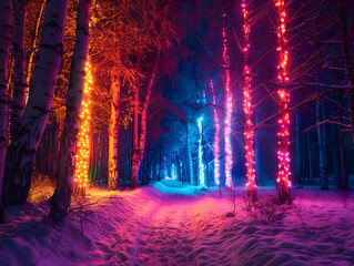 Misty winter forest with a lone, twinkling Christmas tree
