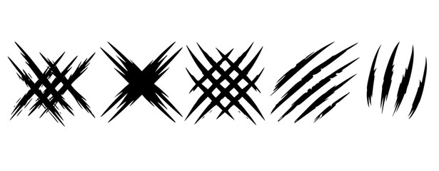 scratch mark icon set. claw mark or nail logotype marks. damage, danger, horror concept. tiger, wolf, lion, monster, bear etc wild animal attack danger sign. printable vector eps icons collection. 