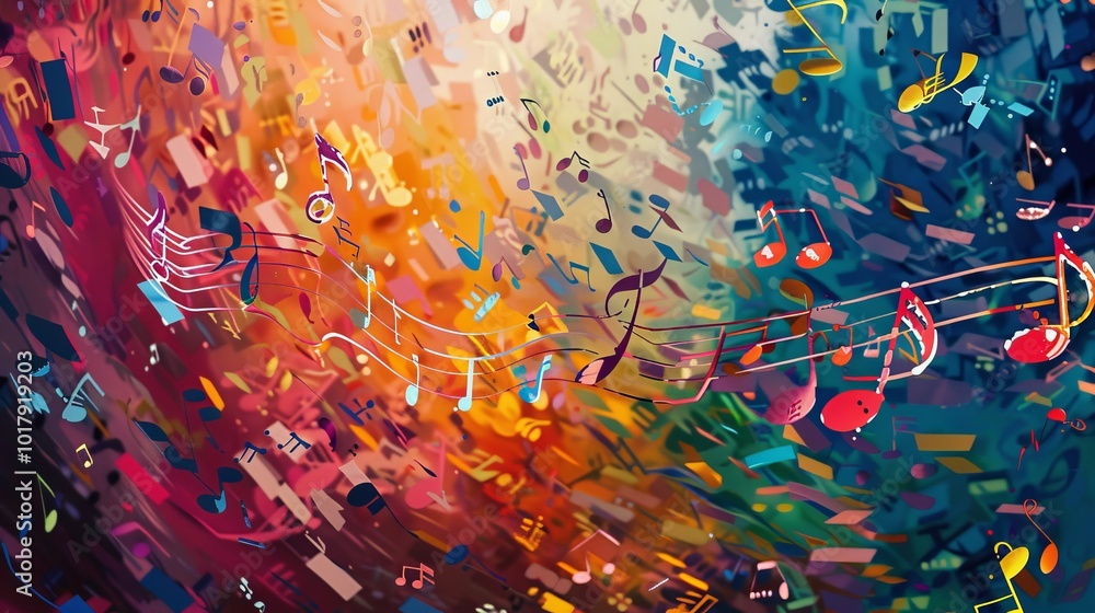 Poster vibrant abstract musical background featuring colorful notes in dynamic patterns - perfect for creat