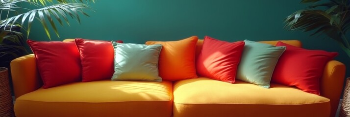Vibrant Yellow Sofa with Colorful Cushions, Lit by Natural Light, Against a Teal Wall