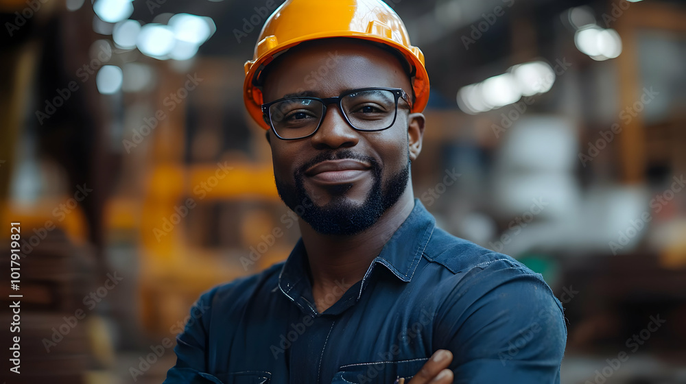 Wall mural A confident worker in a safety helmet poses in an industrial setting.