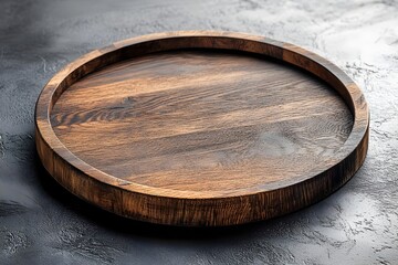 Fototapeta premium Circular Wooden Tray or Board on Black Kitchen Table with Rustic Saw Cut Design
