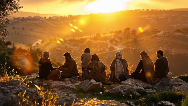 Disciples praying with Jesus, a scene of deep faith and devotion in the holy land.