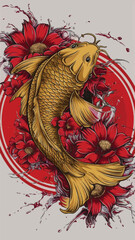 Elegant Gold Koi Fish with Floral and Water Elements in Japanese Tattoo Style