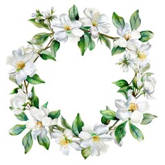 Fototapeta premium Watercolor Floral Wreath of White Jasmine Blossoms and Green Leaves on White Background