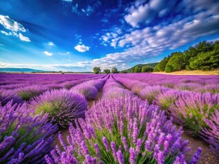 Obraz premium Lush Purple Flora in Nature, Vibrant Lavender Fields Under a Clear Blue Sky, Peaceful Landscape Scene