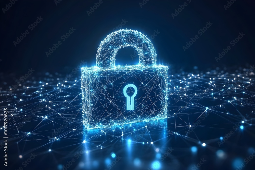 Aufkleber cyber security concept with lock icon formed from lines and triangles on networked blue background