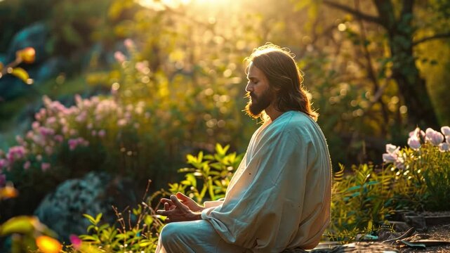 Divine connection, Jesus praying in a tranquil garden, surrounded by nature.