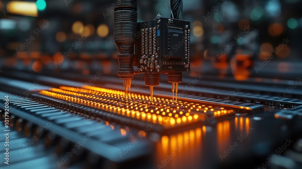 Poster close-up of a robotic arm assembling electronic components.