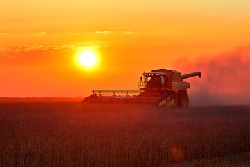 Fototapeta premium Combine Harvester in Soybean Field Under Fiery Sunset Sky During Autumn Harvest Season