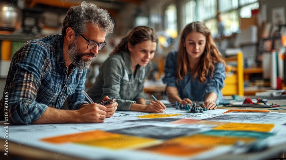 Aufkleber three individuals collaborating on design sketches in a workshop.