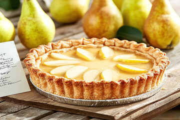 a rustic wooden table featuring a homemade pear tart, fresh pears, and a handwritten recipe card
