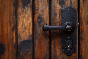 Obraz premium Wooden door with digital locking mechanism and ornamental handle