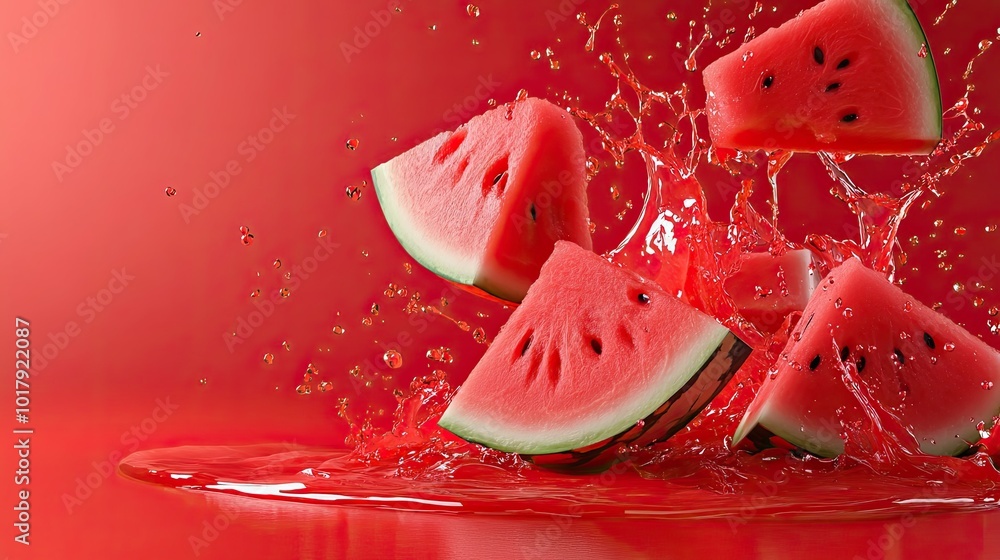 Poster watermelon slices splashing into a pool of red juice