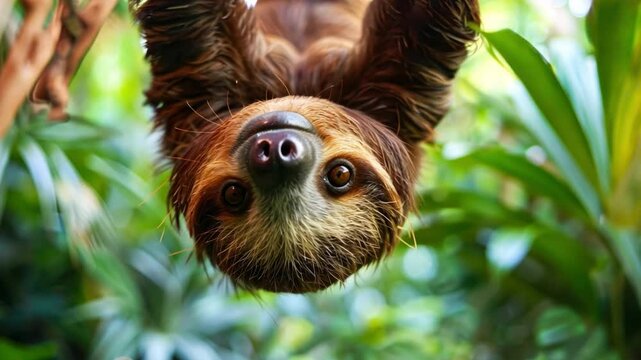 Funny animal poses, a sloth hanging upside down with a goofy expression.