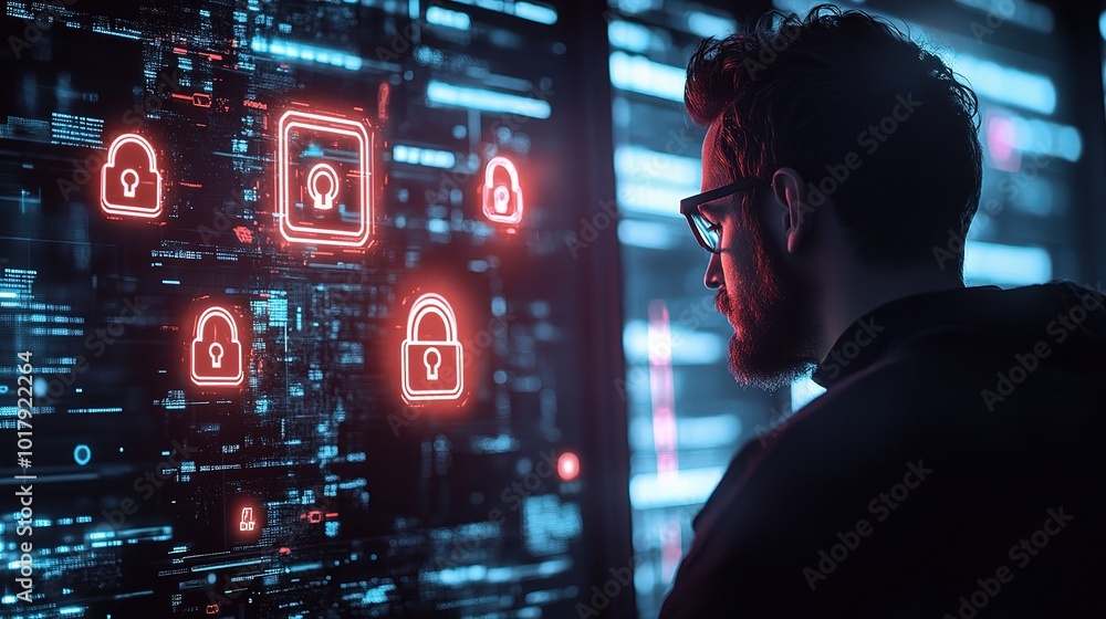 Poster futuristic security interface with person analyzing data