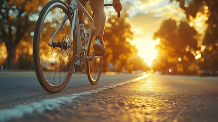 A cyclist rides along a sunlit road during sunset.