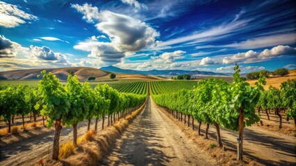 Naklejka premium Lush vineyard in the desert landscape showcasing rows of grapevines against a clear blue sky