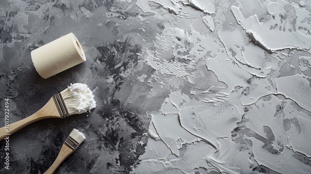 Poster a textured surface is being adorned with white paint by brushes and a roller, showcasing an artistic