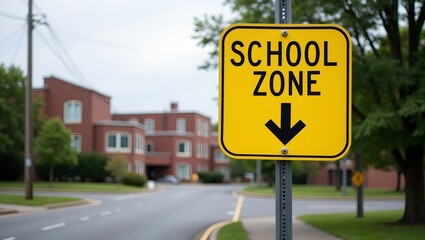 Yellow School Zone crossing sign on suburban street with school building in distance