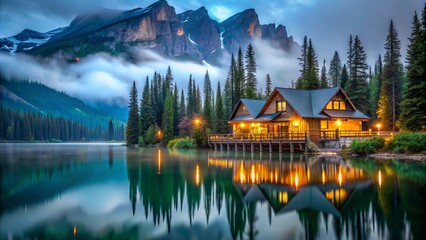 Fototapeta premium Discover the wonder of an enchanting night at Emerald Lake Lodge in Yoho National Park, Canada, with breathtaking scenery and serene, cozy allure.