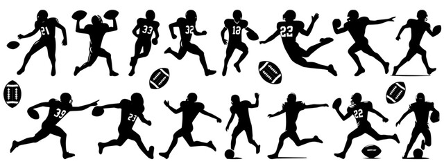 Set of black vector silhouette football player isolated on white

