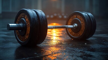 Heavy barbell loaded with weights on a gym floor, spotlight shining on it.