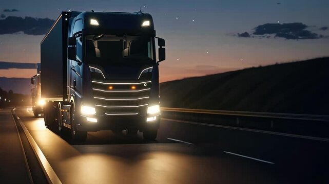 Modern driverless truck driving at night, headlights illuminating the quiet countryside road.