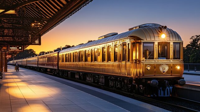 A luxury train with art deco details parked at a picturesque station, its golden exterior glowing in the soft morning light