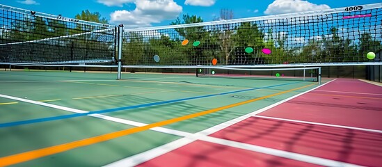 A vibrant pickleball court with colorful lines and a pristine net surrounded by blue skies and green trees capturing the beauty and excitement of the sport