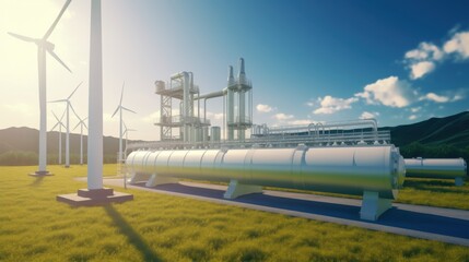 A renewable energy facility with pipelines and wind turbines under a clear sky, illustrating green hydrogen production and sustainability.