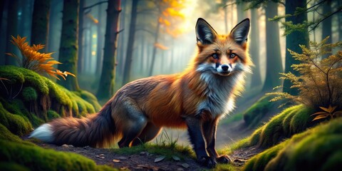 Majestic 10 Tailed Fox in a Mystical Forest, Capturing the Essence of Fantasy and Nature's Beauty