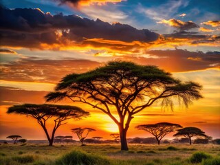 Obraz premium Majestic Acacia Tree Silhouettes Against Vibrant Sunset Sky in African Landscape Photography