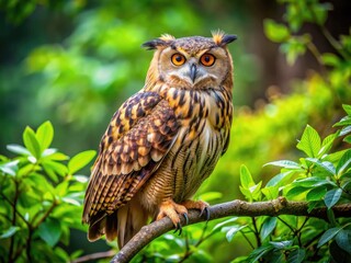 Obraz premium Majestic Adult Owl Perched on a Branch Against a Soft Focus Background of Lush Green Foliage