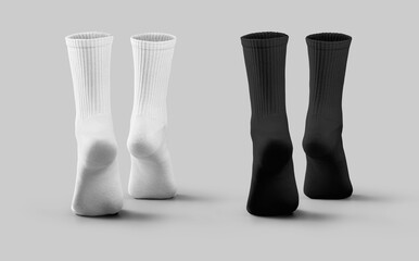 Mockup of white, black long socks, 3D rendering, feet on tiptoes, back view, isolated on background. Set