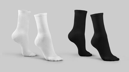 Template of white, black high socks on tiptoes, gaiters 3D rendering side view, toe stretched, isolated on background. Set