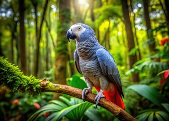 Fototapeta premium Majestic African Grey Parrot Perched on a Branch in Lush Green Forest Setting with Vibrant Colors