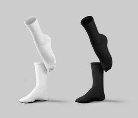 Template of white, black high socks, gaiters 3D rendering front view, one leg up, toe stretched, isolated on background. Set