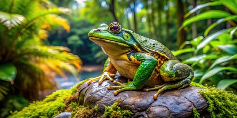 Fototapeta premium Majestic African Giant Frog Sitting on a Rock Surrounded by Lush Greenery in Natural Habitat
