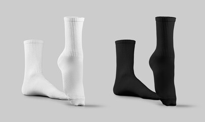 Mockup of white, black long socks 3D rendering, one toe stretched, for design, print, pattern, branding. Set