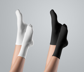 Template of black, white long socks on women's feet upside down, side view, for design, branding,...